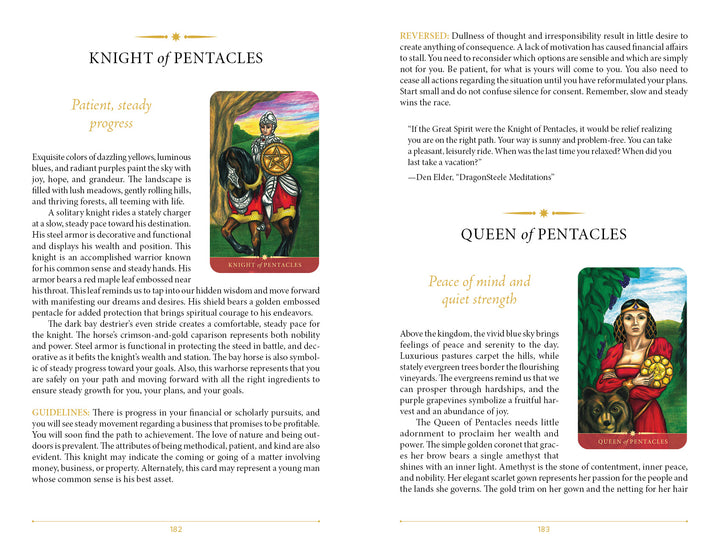 An open book from the Steele Wizard Tarot by Schiffer Publishing, Ltd. shows the Knight of Pentacles (left) and Queen of Pentacles (right), each featuring descriptions, interpretations, and meanings from this extended tarot deck.