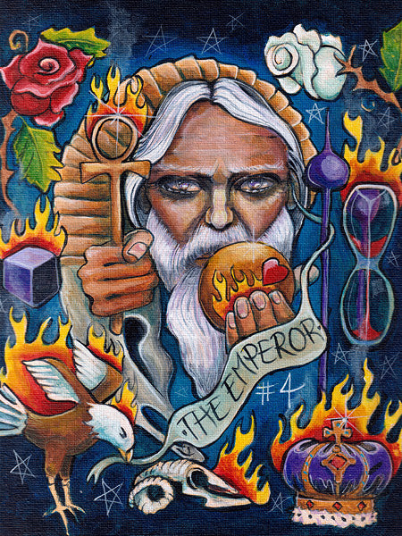 Colorful tarot card art from Bonefire Tarot by Schiffer Publishing, Ltd. depicts an old bearded man with an ankh and flaming orb, surrounded by fire, a rose, eagle, hourglass, crown, skull, and “The Emperor #4” banner.