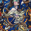 A vibrant artwork from Bonefire Tarot by Schiffer Publishing, Ltd. shows a blindfolded woman with a wheel, animals, snake, coins, cup, clover, and flames. A ribbon states “WHEEL OF FORTUNE” on a striking blue background.
