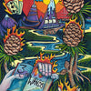 A surreal painting with burning pinecones, a ship on a river, mountains, a fiery sun, playing cards, and the Bonefire Tarot "3 of Wands" by Schiffer Publishing, Ltd., all in vibrant swirling colors and Bonefire Tarot style.