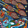 Eight flaming pinecones streak across a starry night in this hand-painted Bonefire Tarot card from Schiffer Publishing, Ltd., inspired by Sailor Jerry tattoo art. "8 of Wands" is inscribed at the bottom right.