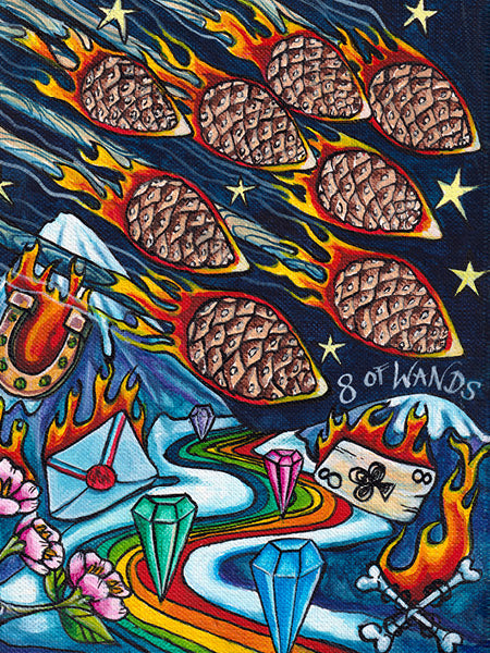 Eight flaming pinecones streak across a starry night in this hand-painted Bonefire Tarot card from Schiffer Publishing, Ltd., inspired by Sailor Jerry tattoo art. "8 of Wands" is inscribed at the bottom right.