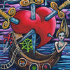 The Bonefire Tarot by Schiffer Publishing, Ltd. features an illustrated 3 of Swords card: a heart pierced by swords above a ship with mermaid figurehead, teary eyes in the sky, and a calm sea, inspired by Sailor Jerry tattoo art.