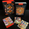 The Bonefire Tarot by Schiffer Publishing, Ltd. features vivid, hand-painted cards with intricate artwork and bold designs inspired by Sailor Jerry tattoo art. The deck comes with a box and guidebook, all set against a dark background.