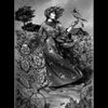 A woman in a patterned robe stands in a lush garden, holding a bird on her gloved hand. Nine pentacles are visible among the plants on the 9 of Pentacles card from the Nightfall Tarot by Schiffer Publishing, Ltd.
