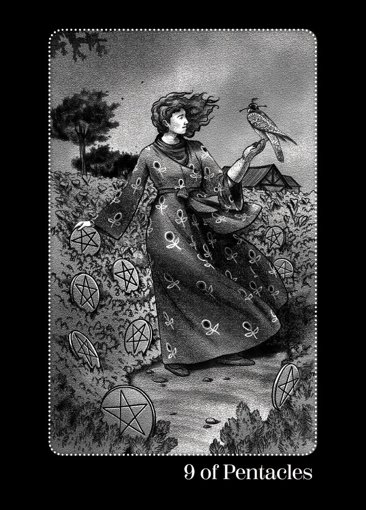 A woman in a patterned robe stands in a lush garden, holding a bird on her gloved hand. Nine pentacles are visible among the plants on the 9 of Pentacles card from the Nightfall Tarot by Schiffer Publishing, Ltd.