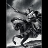 A knight in armor rides a galloping horse, sword raised high beneath a stormy sky—a bold scene from Schiffer Publishing, Ltd.'s Nightfall Tarot, inspired by the classic 78-card Knight of Swords.