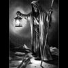 A robed, hooded figure with lantern and staff stands on rocky ground. The card reads IX The Hermit, symbolizing solitude, wisdom, and introspection in the Nightfall Tarot by Schiffer Publishing, Ltd.