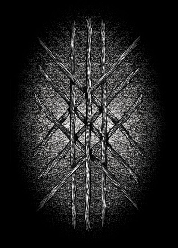 Ten textured wooden sticks are arranged symmetrically in crisscrossed layers against a dark gradient, evoking woven geometry reminiscent of the Nightfall Tarot by Schiffer Publishing, Ltd.