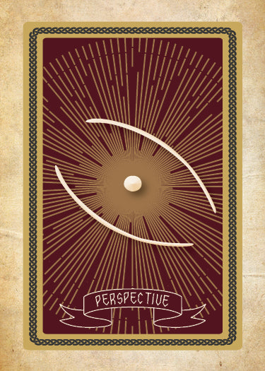 Sigils by Schiffer Publishing, Ltd. is a tarot card featuring a maroon and gold background with radiant lines, curved white accents, and “PERSPECTIVE” on a banner. The ornate border recalls sigils for spiritual empowerment.