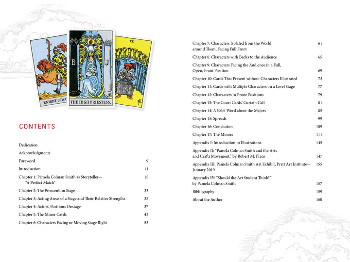 Three tarot cards from the Rider-Waite-Smith Tarot are displayed above a table of contents page from "New Directions in Tarot" by Schiffer Publishing, Ltd., which features chapters on tarot interpretation and storytelling.