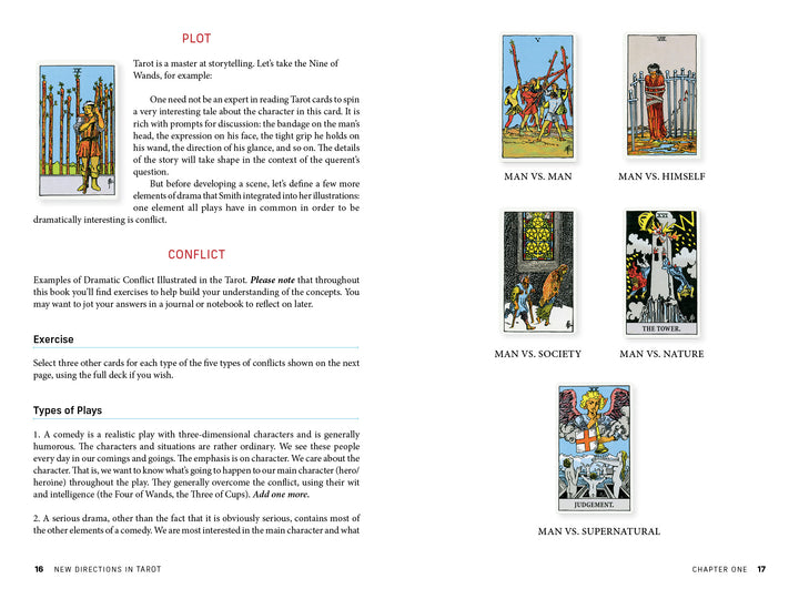 A spread from "New Directions in Tarot" by Schiffer Publishing, Ltd. uses Rider-Waite-Smith Tarot art by Pamela Colman Smith to explain story plot and conflict, provide tarot interpretations, and include an interactive exercise.