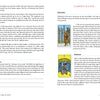 A page from "New Directions in Tarot" by Schiffer Publishing, Ltd. explains play elements using Rider-Waite-Smith Tarot cards, features two character illustrations, text on character development, and exercises for analyzing roles via tarot.