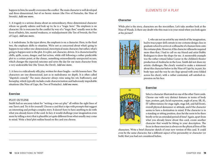 A page from "New Directions in Tarot" by Schiffer Publishing, Ltd. explains play elements using Rider-Waite-Smith Tarot cards, features two character illustrations, text on character development, and exercises for analyzing roles via tarot.