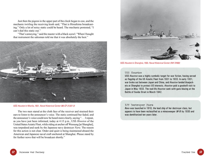 A dramatic black-and-white photo of the USS Houston (CA-30) in harbor, featured on "Japanese War Fantasy 1933" by Schiffer Publishing, Ltd., with Japanese pulp fiction-inspired text and nearby vessels completing the scene.