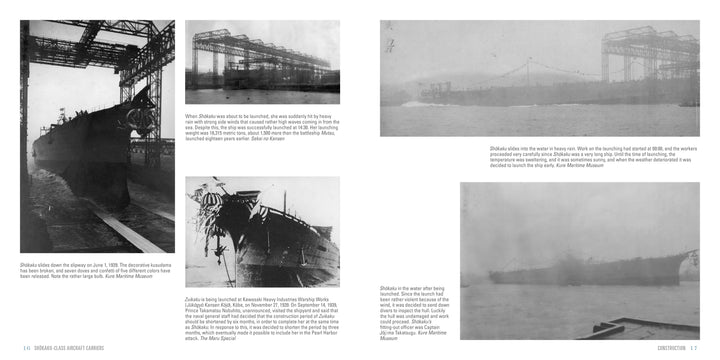 Four historic black-and-white photos from Schiffer Publishing, Ltd.'s "Shōkaku-Class Aircraft Carriers" show carrier assembly, a ship's bow in dock, an anchored carrier, and workers beside the massive vessel during the Pacific War.