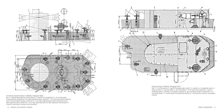 Detailed technical drawings and blueprints of Shōkaku-Class Aircraft Carriers by Schiffer Publishing, Ltd. display top and side views with labeled components and specifications, reminiscent of Pacific War-era schematics.