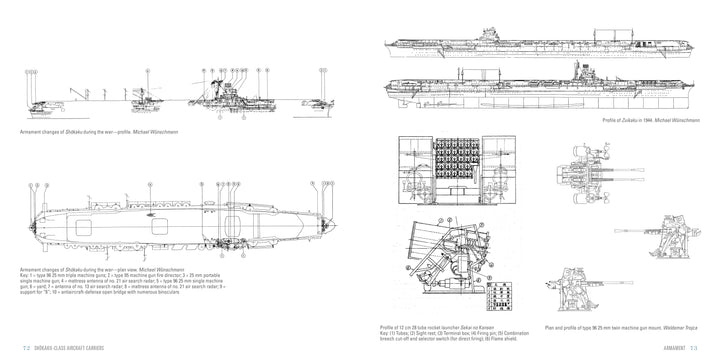 Explore black and white technical drawings of Shōkaku-Class Aircraft Carriers by Schiffer Publishing, Ltd., featuring side views, top-down blueprints, and detailed diagrams with labeled aircraft and weapon placements from the Pacific War era.