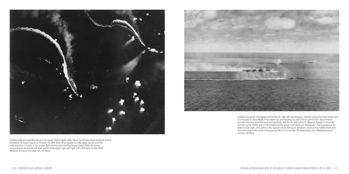 Two black-and-white aerial photos from "Shōkaku-Class Aircraft Carriers" by Schiffer Publishing, Ltd. show warships at sea—the left with smoke trails and explosions, the right with Imperial Japanese Navy ships leaving white wakes.