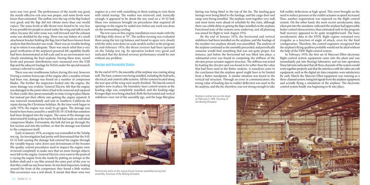 A magazine spread from Schiffer Publishing, Ltd. explores Boeing YC-14 design and performance, featuring photos of technicians inside a jet wing and the aircraft under construction in a large factory.