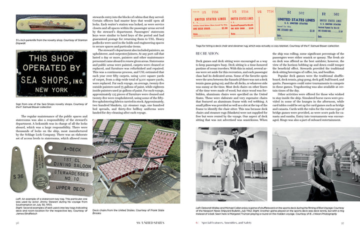 A magazine spread from Schiffer Publishing, Ltd. showcases vintage SS United States photos and memorabilia—deck chairs, tickets, shop sign, room keys, and passengers on deck—with text highlighting the ship’s transatlantic record and liner history.