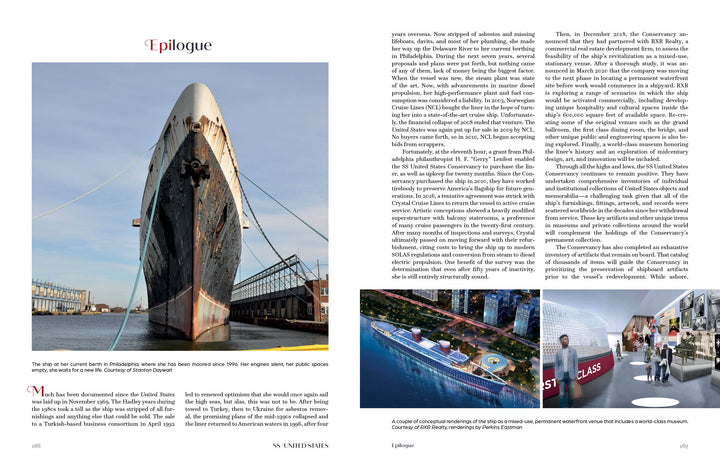 A two-page magazine spread by Schiffer Publishing, Ltd. features SS United States: the left page displays the rusted ship docked head-on; the right showcases its ocean liner legacy, a cruise ship render, and visitors at a modern museum exhibit.