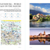 A two-page spread in Schiffer Publishing, Ltd.'s "River Cruises" highlights Regensburg, Germany with a city map, timeline, summary, and photos of colorful Danube buildings and illuminated landmarks at sunset.