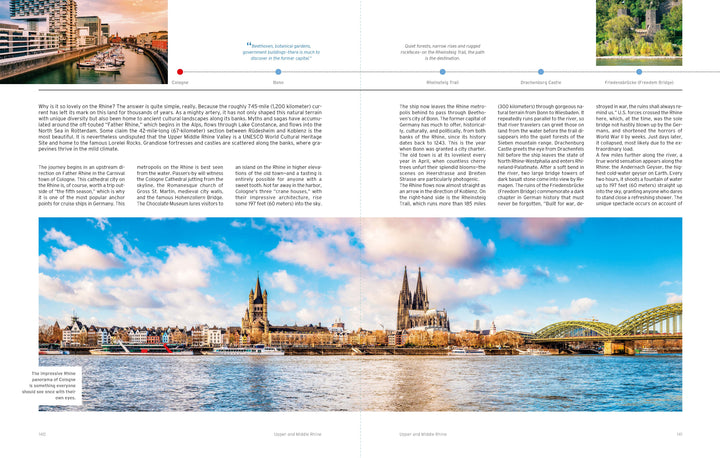 A panoramic view of Cologne, Germany, features the Cologne Cathedral, Hohenzollern Bridge, and vibrant riverside buildings—a scene celebrated in Schiffer Publishing, Ltd.'s River Cruises—where boats glide under sunny skies along the Rhine.