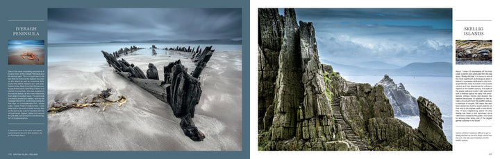 Two pages from "The Wild Atlantic" by Schiffer Publishing, Ltd. depict dramatic scenes on Europe’s coast: a shipwreck on a sandy beach under cloudy skies and towering cliffs above the Atlantic, both with descriptive text.
