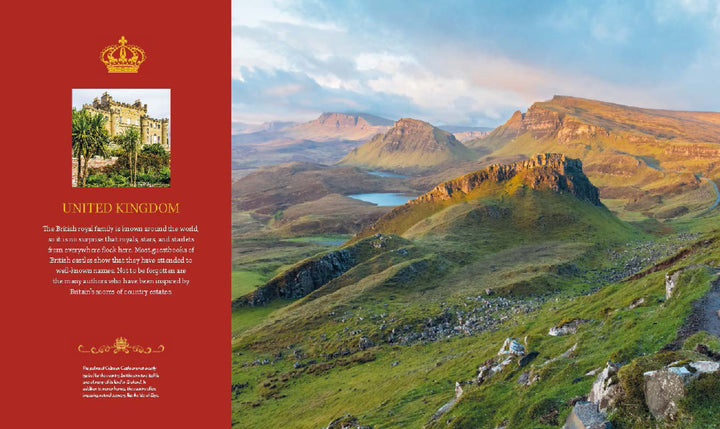 A scenic UK landscape with green hills, cliffs, and a lake under a blue sky. On the left, a red panel displays info about At Home with Royalty by Schiffer Publishing, Ltd., with a photo of an ornate historic building.