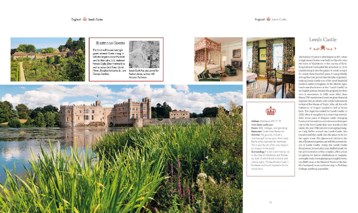 At Home with Royalty by Schiffer Publishing, Ltd. features photos of Leeds Castle, with moat views, lush grounds, room interiors, and informative text plus visitor info—all presented on crisp white pages.