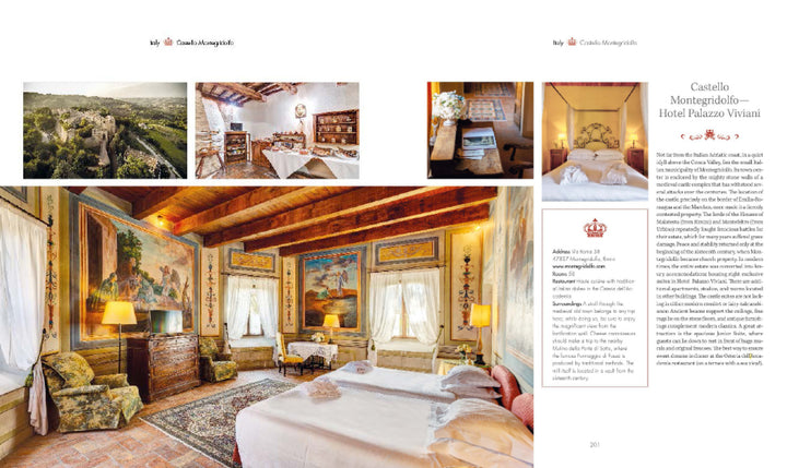A magazine spread in "At Home with Royalty" by Schiffer Publishing, Ltd. showcases scenic castles, ornate bedrooms, antique furnishings, and opulent decor—celebrating luxury castle living.