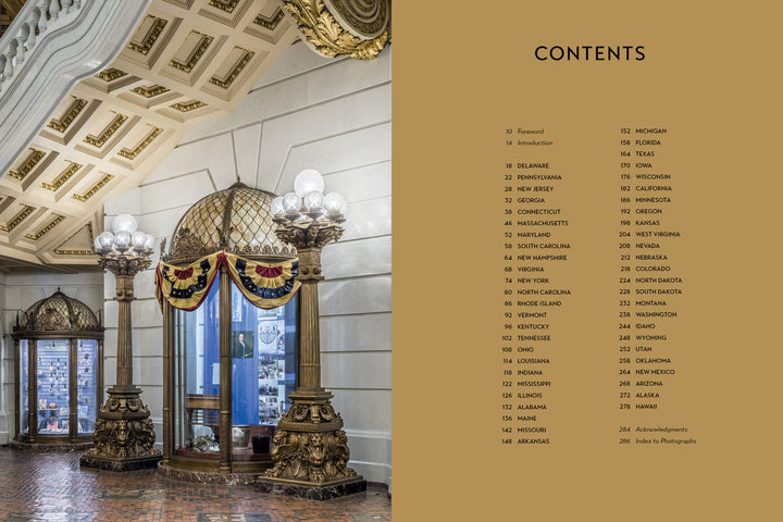 A grand hallway with ornate columns and glass cases adorns the left, while on the right, a tan background displays Capitol America's table of contents by Schiffer Publishing, Ltd., listing US state capitol buildings and their page numbers.