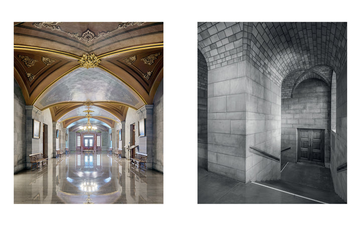 A grand hallway inspired by US capitol buildings dazzles with ornate ceilings, while on the right, Capitol America by Schiffer Publishing, Ltd. features a striking black-and-white photo of an arched stone corridor with stairs and double doors.