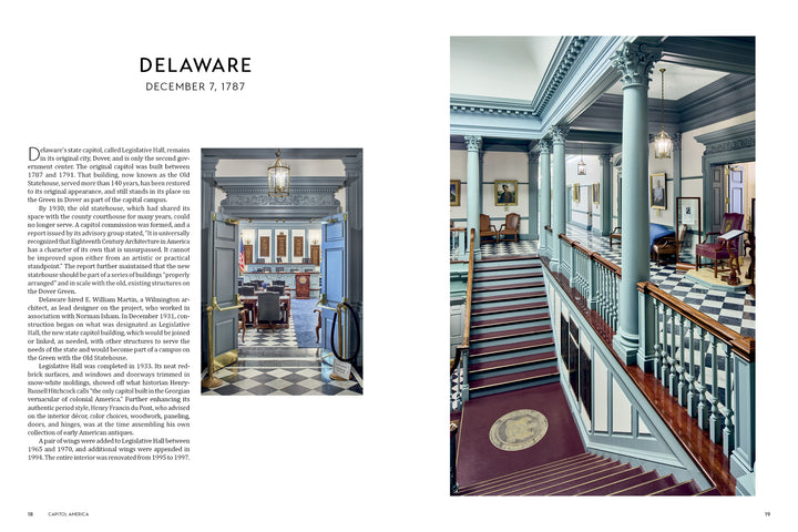 Capitol America by Schiffer Publishing, Ltd. captures Delaware’s Old State House with its classic American architecture, grand columns, sweeping staircase, checkered floors, historic portraits, and period furnishings.