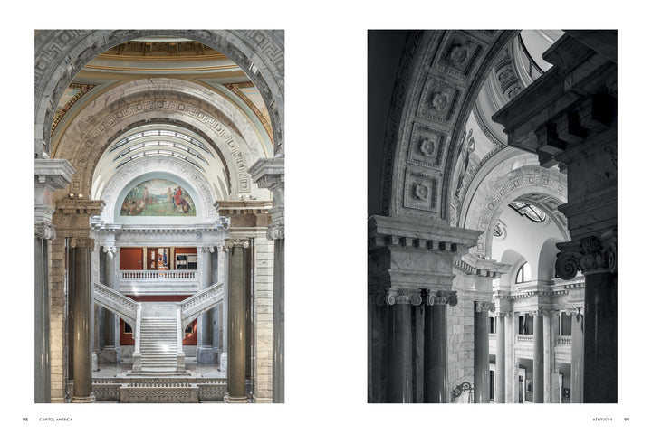 Two photos from "Capitol America" by Schiffer Publishing, Ltd.: the left shows a grand staircase, columns, arches, and mural; the right features a black and white close-up of ornate arches and columns.