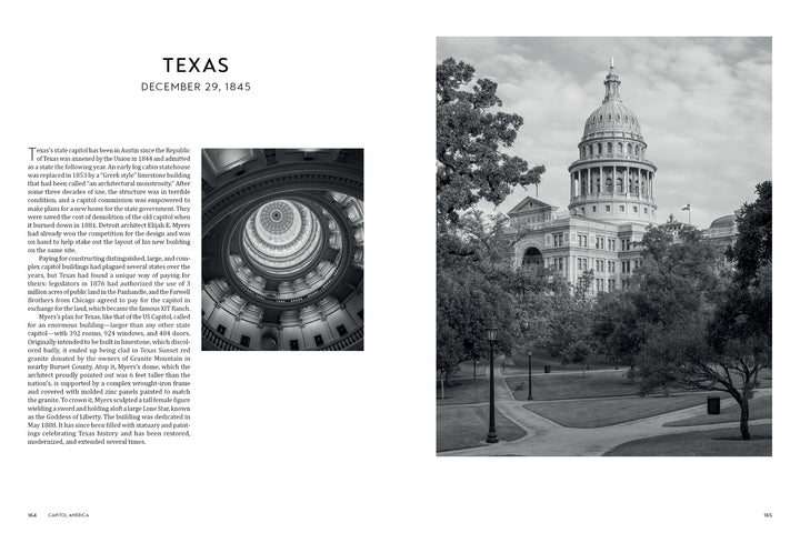 Capitol America by Schiffer Publishing, Ltd. features a black-and-white photo of the Texas State Capitol’s circular dome with historical text on Texas statehood, December 29, 1845, highlighting iconic American architecture.