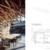 A modern interior with wooden lattice features, tables and chairs, and large windows. On the right, architectural details reference KKAA Kengo Kuma and Associates by Schiffer Publishing, Ltd., displayed on a white background.