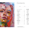 A vibrant portrait with paint streaks covers the left page of *More Disruption* by Schiffer Publishing, Ltd. On the right, a neat table of contents—sections, realist artists, and page numbers—echoes the energy of contemporary painting.