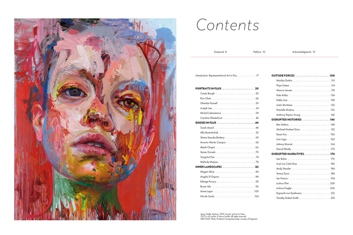 A vibrant portrait with paint streaks covers the left page of *More Disruption* by Schiffer Publishing, Ltd. On the right, a neat table of contents—sections, realist artists, and page numbers—echoes the energy of contemporary painting.
