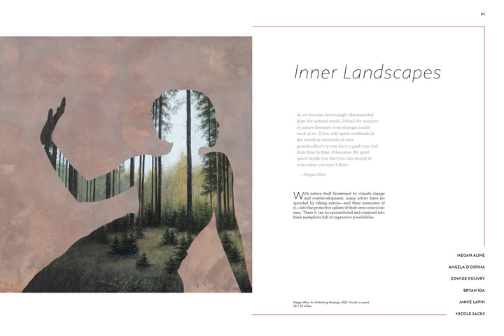 A silhouette of a person filled with a forest landscape appears against a textured pink and gray background; text on the right reads More Disruption by Schiffer Publishing, Ltd., with an introduction and contemporary artists' names below.