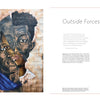 On the left, a mixed-media portrait blends four faces of different skin tones. On the right, More Disruption by Schiffer Publishing, Ltd. features its title, an intro, and a list of realist artists shaping contemporary painting.