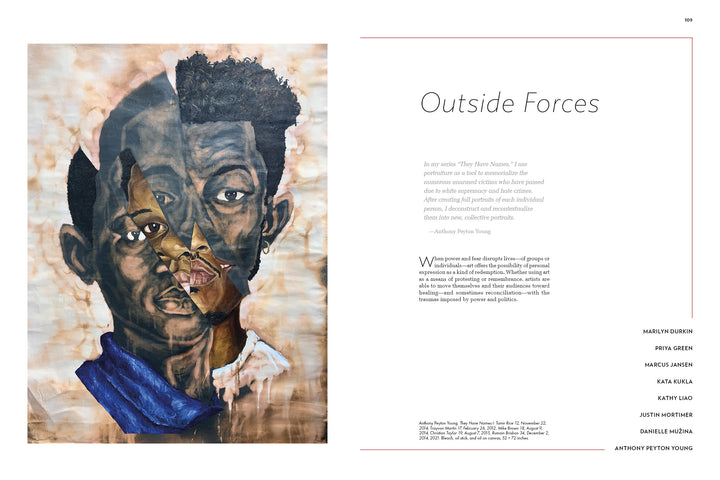 On the left, a mixed-media portrait blends four faces of different skin tones. On the right, More Disruption by Schiffer Publishing, Ltd. features its title, an intro, and a list of realist artists shaping contemporary painting.