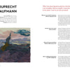 An interview spread from "More Disruption" by Schiffer Publishing, Ltd. features artist Ruprecht von Kaufmann. The left page shows his name, bio, a swirling landscape painting, and details; the right page has the interview and a red-highlighted quote.