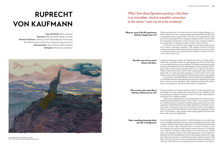 An interview spread from "More Disruption" by Schiffer Publishing, Ltd. features artist Ruprecht von Kaufmann. The left page shows his name, bio, a swirling landscape painting, and details; the right page has the interview and a red-highlighted quote.