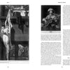 On the left page of "The Mezzotint" by Schiffer Publishing, Ltd., a black-and-white image shows a woman escaping through a window. The right page has text on mezzotint engraving and a small image of a man playing guitar.