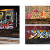 A spread from "Keep Your Mouth Shut" by Schiffer Publishing, Ltd. featuring vivid street culture graffiti: left page shows a Chicago artist beside a subway car; right page displays four close-ups of freight train graffiti.