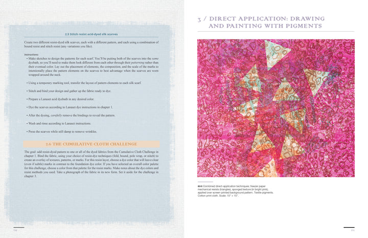 A book spread from "The Cumulative Cloth, Wet Techniques" by Schiffer Publishing, Ltd. shows fabric surface design and art techniques text on the left, and a vivid pink and gold abstract mixed media artwork with triangles and swirls on the right.