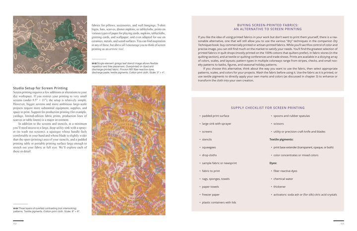 The Cumulative Cloth, Wet Techniques by Schiffer Publishing, Ltd. features two patterned fabric samples, setup tips, a supply checklist, and guides on fabric surface design with preprinted fabrics, plus text boxes and finished cloth images.