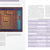The Cumulative Cloth, Wet Techniques by Schiffer Publishing, Ltd. showcases a quilted textile with a blue, orange, gold, and maroon maze-like pattern against a light backdrop; nearby pages detail fabric finishing techniques.